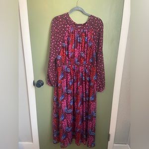 Boden Erica Chiffon Mix Floral Leopard Midi Dress Long Sheer Sleeves Lined Sz 10